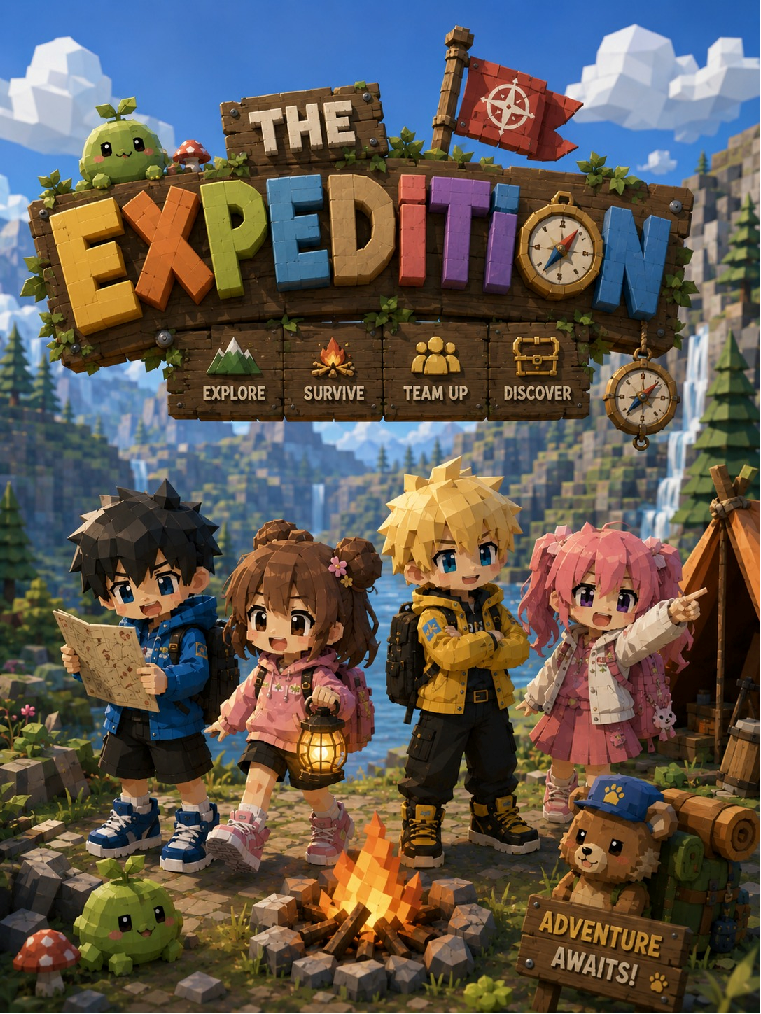 Chibi-style expedition team gathered around a campfire in a mountain valley, key art for The Expedition